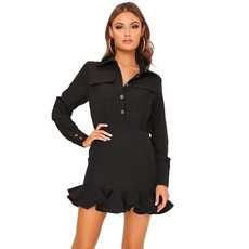 I Saw it First - Ladies Black Frill Hem Utility Shirt Dress