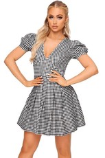 I Saw it First - Ladies Black Gingham Bust Detail Puff Sleeve Skater Dress