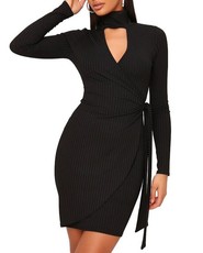 I Saw it First - Ladies Black High Neck Cut Out Belted Mini Dress