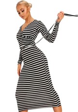 I Saw it First - Ladies Black Jersey Stripe D Ring Belted Midi Dress