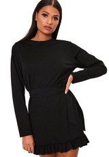 I Saw it First - Ladies Black Long Sleeve Tie Waist Frill Detail Dress