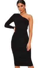 I Saw it First - Ladies Black One Shoulder Ruched Side Tie Waist Midi Dress