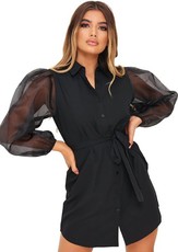 I Saw it First - Ladies Black Organza Belted Puff Sleeve Shirt Dress