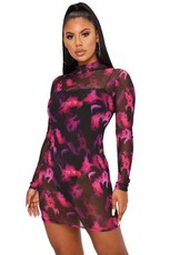 I Saw it First - Ladies Black Pink Flame Print Mesh Bodycon Dress