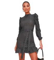 I Saw it First - Ladies Black Polka Dot High Neck Puff Sleeve Tea Dress