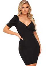 I Saw it First - Ladies Black Puff Sleeve Crossover Mini Dress