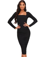 I Saw it First - Ladies Black Ribbed Square Neck Ruched Side Midi Dress