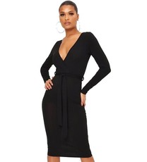 I Saw it First - Ladies Black Ribbed Wrap Front Belted Midi Dress