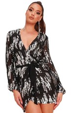 I Saw it First - Ladies Black Sequin Wrap Balloon Sleeve Dress