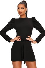 I Saw it First - Ladies Black Stretch Crepe Puff Sleeve Belted Dress