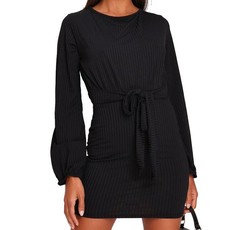 I Saw it First - Ladies Black Tie Waist Ribbed Mini Dress