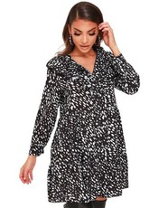 I Saw it First - Ladies Black Woven Spot Print Frill Shirt Dress