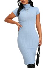 I Saw it First - Ladies Blue Ribbed Short Sleeve Roll Neck Midi Dress