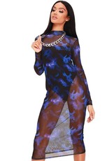 I Saw it First - Ladies Blue Tie Dye Mesh High Neck Bodycon Midaxi