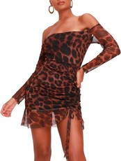 I Saw it First - Ladies Brown Leopard Print Mesh Front Bardot Dress