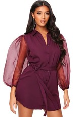 I Saw it First - Ladies Burgundy Organza Belted Puff Sleeve Shirt Dress