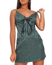 I Saw it First - Ladies Emerald Green Floral Tie Front Satin Slip Dress