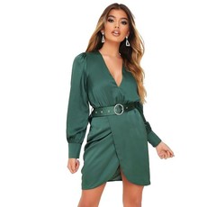 I Saw it First - Ladies Green Satin Plunge Diamante Belted Dress