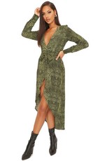 I Saw it First - Ladies Green Woven Snake Print Wrap Front Midi Dress