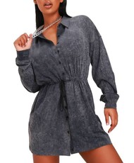 I Saw it First - Ladies Grey Acid Wash Button Through Mini Dress