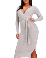 I Saw it First - Ladies Grey Ribbed Wrap Front Belted Midi Dress