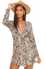 I Saw it First - Ladies Grey Snake Print Plunge Neck Knot Front Dress