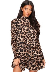 I Saw it First - Ladies Leopard Print High Neck Puff Sleeve Smock Dress