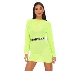 I Saw it First - Ladies Lime Neon Airtex Mesh Long Sleeve T-Shirt Dress