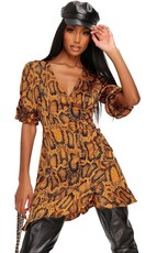 I Saw it First - Ladies Mustard Snake Print Satin Wrap Frill Tea Dress