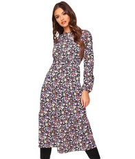 I Saw it First - Ladies Navy Floral Print Midi Tea Dress