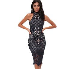 I Saw it First - Ladies Navy High Neck Crochet Lace Midi Dress