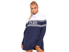 I Saw it First - Ladies Navy Paris Slogan Funnel Neck Sweater Dress