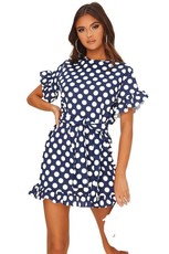 I Saw it First - Ladies Navy Polka Dot Tie Waist Frill Detail Dress