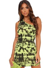 I Saw it First - Ladies Neon Lime Tie Dye One Shoulder Mini Dress