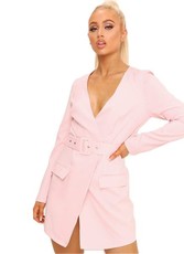 I Saw it First - Ladies Pink Belted Plunge Blazer Dress