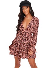 I Saw it First - Ladies Pink Leopard Print Plunge Smock Dress