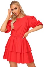 I Saw it First - Ladies Red Cotton Poplin Puffball Sleeve Tiered Dress