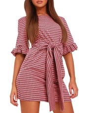 I Saw it First - Ladies Red Dog Tooth Frill Sleeve Belted Tea Dress