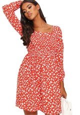 I Saw it First - Ladies Red Floral Long Sleeve Square Neck Mini Dress