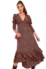 I Saw it First - Ladies Red Floral Print Plunge Ruffle Hem Midi Dress