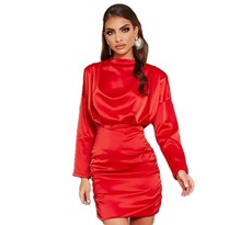 I Saw it First - Ladies Red High Neck Ruched Back Satin Mini Dress