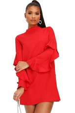 I Saw it First - Ladies Red High Neck Ruffle Sleeve Dress