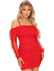 I Saw it First - Ladies Red Organza Frill Bodycon Dress