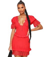 I Saw it First - Ladies Red Woven Lace Trim Button Front Tea Dress