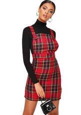 I Saw it First - Ladies Red Woven Tartan Button Detail Pinafore Dress