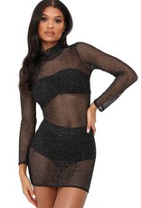 I Saw it First - Ladies Silver Glitter Mesh Long Sleeve Bodycon Dress