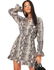 I Saw it First - Ladies Stone Chiffon Snake Print Tie Neck Smock Dress