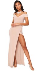 I Saw it First - Ladies Stone Double Layer Slinky Bardot Plunge Wrap Dress