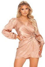 I Saw it First - Ladies Taupe Oriental Satin Puff Sleeve Dress