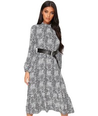 I Saw it First - Ladies White Leopard High Neck Frill Hem Midi Dress